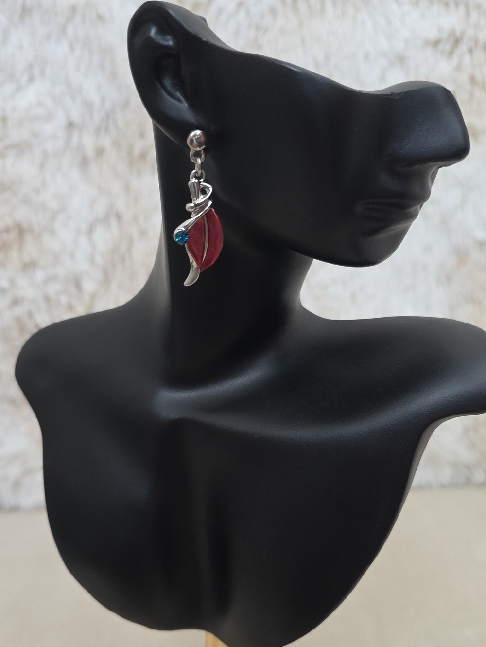 Red Enamel Leaf Dangle Earrings Silver Tone Blue Rhinestone Studs